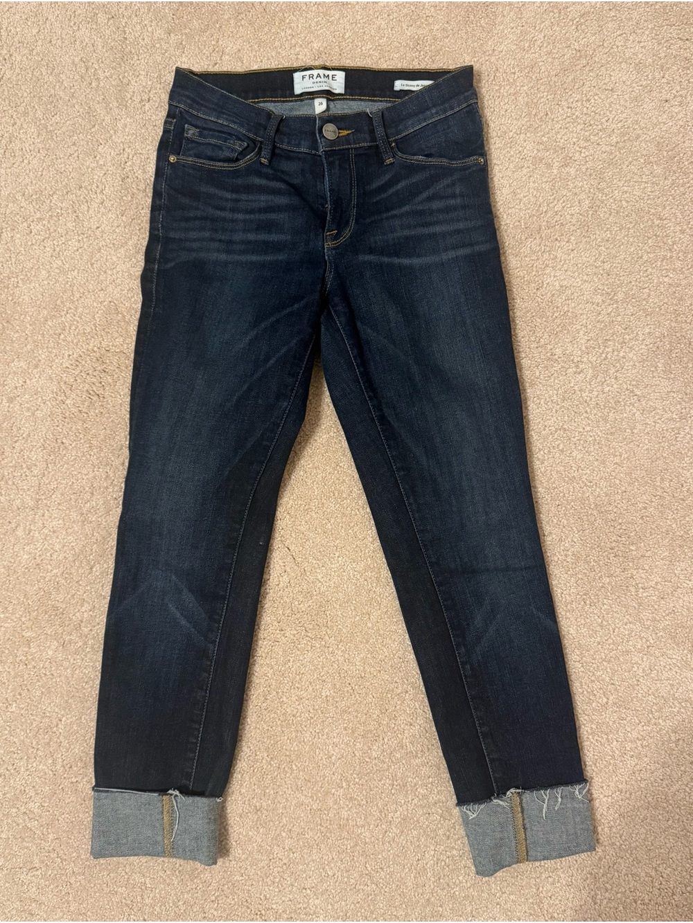 FRAME Le Skinny de Jeanne Dark Wash Jeans Size 26 Raw Hem Cuffed
